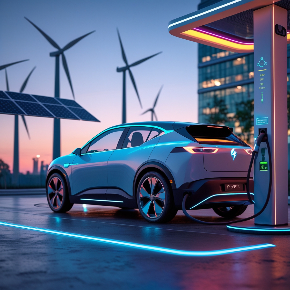 Futuristic urban scene at dusk featuring a sleek electric vehicle charging at a modern station. The backdrop includes green energy elements like solar panels and wind turbines, with neon accents highlighting cutting-edge design Futuristic urban scene at dusk featuring a sleek electric vehicle charging at a modern station. The backdrop includes green energy elements like solar panels and wind turbines, with neon accents highlighting cutting-edge design